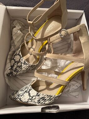 ALDO Beige and Black Snake-Print Strappy Pointed Heels